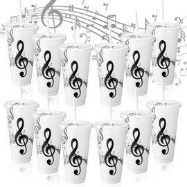 Skylety 12 Sets Music Themed Gifts Musical Note Tumbler Cups Bulk 24 oz Reusable Musical Note Plastic Tumbler with Straw and Lid Keychain Gifts for Music Lover Party Favor(White)