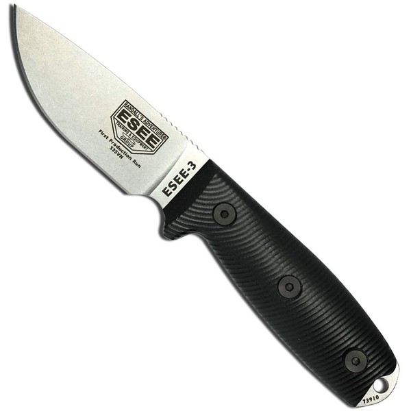 ESEE-3 S35V Fixed Blade Knife, 3D Contoured Handle, Ambidextrous Polymer Sheath, Made in USA