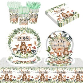 YYBD 141 Pcs Woodland Tableware Set Woodland Baby Shower Decorations Include Plates Napkins Cups Forks Woodland Creatures Forest Animal Friends Theme Party Supplies Fox Deer Dinnerware, Serve 20