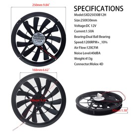 SXDOOL 250mm DC 12V Cooling Fan,1200 RPM 40DBA molex 4D 25X3 CM, for Computer Case Server Quiet Cooler