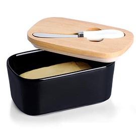 Ceramics Butter Dish - Large Porcelain Butter Holder with Wooden Lid and Steel Knife 2 Sticks of Butter, Black
