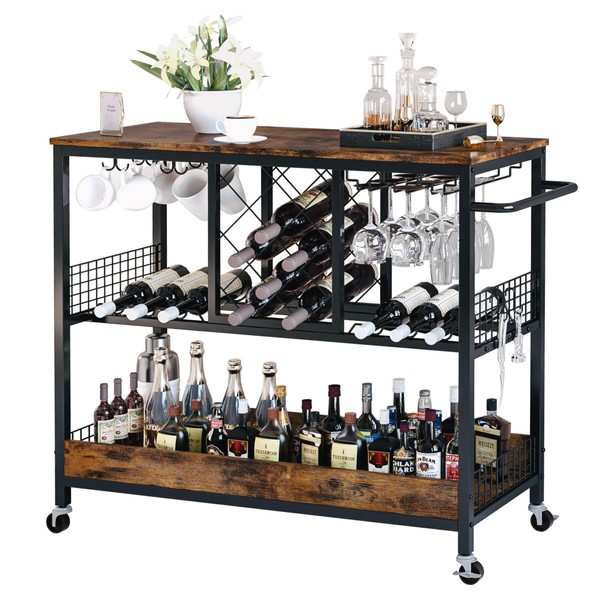 IRONCK Bar Cart, Serving Cart with Wine Rack Glasses Holder Kitchen Cart on Wheels Wood and Metal Frame, Vintage Brown
