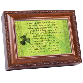 Cottage Garden St Patrick Plucked a Shamrock Woodgrain Rope Trim Jewelry Music Box Plays Irish Lullaby