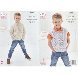 King Cole Aran Knitting Pattern - 6171 Boy's Sweater & Tank Top (2 Designs)