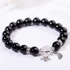 HXLJHALG 2Pcs Matching Bracelets for Couples, Adjustable 6mm Natural Stone Beads Bracelet Moon & Star Couple Bracelets, Beaded Jewellery Gifts for Lovers Boyfriend, Girlfriend