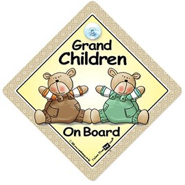 Grandchildren On Board Car Sign, Baby on Board Sign With Suction Cup Attachment For Grandparents