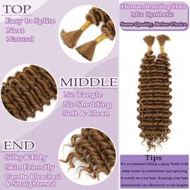 Human Braiding Hair Mix Synthetic Boho Hair for Braiding, 16 Inch Deep Wave Bulk for Boho Braids 2 Pcs Curly Bohemian Wet and Wavy Braiding Hair (27#, 16 Inch)