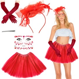Vintage Red Carnival Costume Set, Elegant Tutu Tulle Skirt with Flowers, Hair Accessories & Gloves, Face Tattoos, Perfect for Carnival, Theme Party & Cosplay