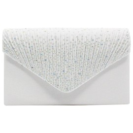 wocharm Womens Ladies Satin Diamante Clutch Bag Envelope Handbag Evening Bridal Bag Wedding Fashion Prom Vintage Shoulder Bags(White)