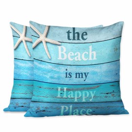 Beabes Pillow Covers Quote The Beach is My Happy Place Starfish with Blue Wooden Board 18X18 Inch Set of 2,Standard Square Cushion Throw Cover for Couch Bedroom Living