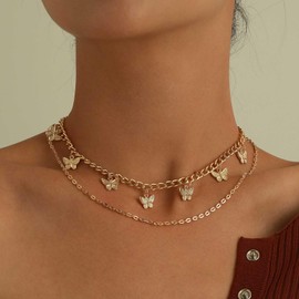 Cimenexe Bohemian Layered Butterfly Choker Necklace Gold Butterfly Pendant Necklace Butterfly Curb Chain Necklace Minimalist Butterfly Collar Necklace Jewelry for Women and Girls Gifts