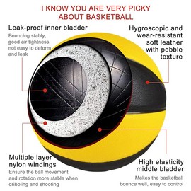 MINDCOLLISION 5/6/7 smile basketball, PU soft leather basketball, good dribbling and shooting, birthday, suitable for indoor and outdoor play,black yellow,No. 6