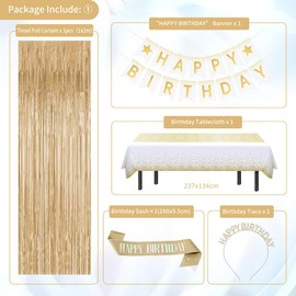 Gold Birthday Decorations, Golden Birthday Party Decorations, Happy Birthday Banner White and Gold Balloons Fringe Curtain Tablecloth Birthday Sash Crown Paper Pom Poms for Women Girls Men Boys