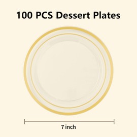 BESTSTAR 100PCS Clear Plastic Plates for Party, 7 Inch Heavy Duty Dinner Plates with Gold Rim, Disposable Plates for Wedding and Birthday
