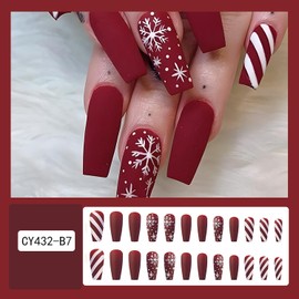 24Pcs Christmas Red Press on Nails Long Length White Snowflake False Nails with Red White Stripe Design Xmas Acrylic Nails Full Cover Aritificial Coffin Nails Winter Glue on Nails for Women