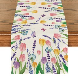 Artoid Mode Tulip Lavender Spring Table Runner, Seasonal Summer Kitchen Dining Table Decoration for Home Party Decor 13x120 Inch