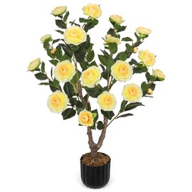 Artificial Camellia Tree for Indoor and Outdoor, Faux Flower Tree Plant in Pot Fake Topiaries for Home Front Porch Decor(1, Yellow)