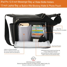 W&G traveler Rfid Shoulder Bag with Water Bottle Holders, 13 Inch Laptop Shoulder Handbag, Briefcase Purse with Integrated Wallet and Phone Pocket, Multi-Pocket, Top Zipper, black