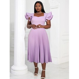 AOMEI Women's Light Purple Square Collar Ruffles Sleeve Pleated Elegant Midi Dress (4XL,4X-Large)