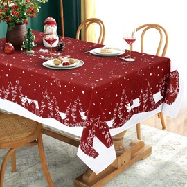Yrendenge Christmas Tablecloth Red Tablecloth Washable Outdoor Tablecloth Rectangular Waterproof Cartoon Houses Tree Elk Tablecloth for Winter Holidays Home Decor 140 x 240 cm