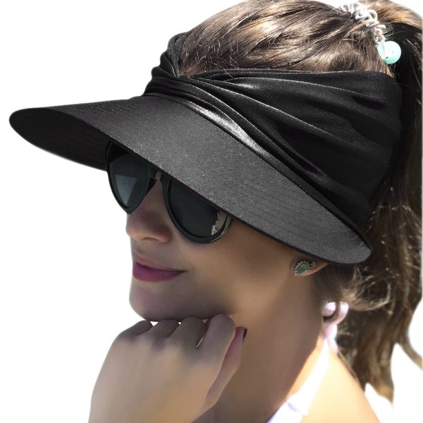 Baynetin Women's Sun Visor Cap – Wide Brim – UV Protection UPF 50+ Foldable Beach Hat – Quick Drying – Sun Protection – Beach Sports Cap, Black
