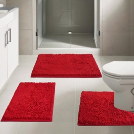 AINAHYVA Bathroom Rugs Chenille Bath mat 3 Piece Set, Super Absorbent, Strong PVC Non Slip Backing, Bath mats for Bathroom, Plush Shaggy, Thick, Machine Washable, Bathtub,Toilet, Red