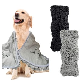 Patas Lague 2 Pack Luxury Absorbent Dog Towels, 35''x15'' Extra Large Microfiber Quick Drying Dog Shammy with Hand Pockets Pet Towel for Dog and Cat, Machine Washable (Grey+NavyBlue)