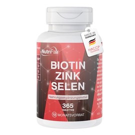 Biotin + Zink + Selen - 365 Tabletten - Haut, Haare & Nägel - Hochdosiert - 100% Vegan – Deutsche Produktion & Laborprüfung - NutriFair | Premium & Fair