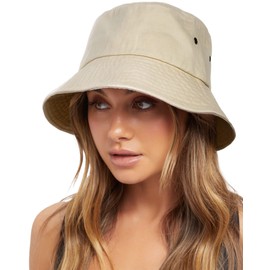 FURTALK Bucket Hats for Women Washed Cotton Packable Summer Beach Sun Hats Bucket Hat with Strings for Travel Light Khaki