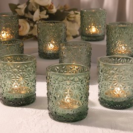 Green Votive Candle Holder Set of 12, Flower Tea Lights Candles Holders for Wedding Table Decor, Birthday Parties, Vintage Home Decor, Bridal Shower and Holiday Decorations