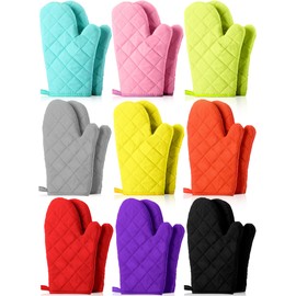 Nuogo 9 Pair Oven Mitts Quilted Terry Cloth Lining Extra Long Heat Resistant Kitchen Gloves Thick Hot for Reliable Flexible Polyester Cotton Oven, 11 Inch