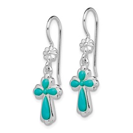 Diamond2Deal 925 Sterling Silver Rhodium Plated Turquoise Cross Dangle Earrings (L- 1.42 in, W- 0.47 in)