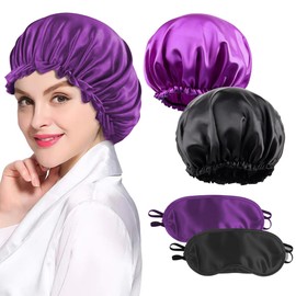 Satin Bonnet Night Sleep Cap, Pack of 2 Satin Bonnet, Adjustable Sleeping Cap Headgear, Soft Headband, Sleep Cap Silk with Elastic Band for Women and Girls Shooter, with Eye Mask, Black Purple