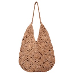 Crochet Tote Bag Knitted Shoulder Tote Bag for Women Soft Large Woven Shoulder Purse Knit Handbag Christmas Gift for Women (Khaki)