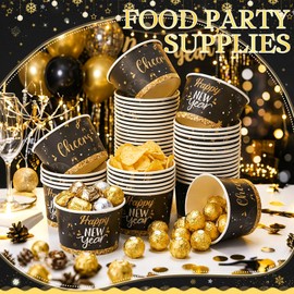 Potchen 50 Pack 9 oz 2026 Happy New Year Soup Bowls Disposable Paper Cups Winter Themed Disposable Dessert Bowls Paper Snack Cups for Hot and Cold Food Happy New Year's Eve Party Supplies