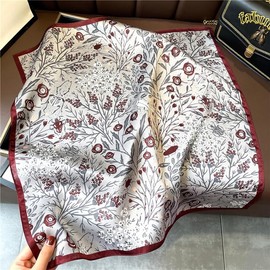 Weximil 100% Mulberry Silk Neck Scarf - 21'' x 21'' Lightweight Neckerchief - Women Men Small Square Digital Printed Scarves, Grey Flower, Small