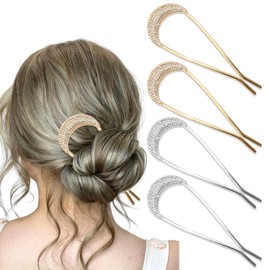 AOREAS 4pcs Metal French Rhinestones Hair Pins，U Shaped Hair Fork for Thick Hair,U Shaped Hair Pins for Women,French Pins Hair,French Twist Hair Pin,Suitable for Hair Style （Small rhinestones）
