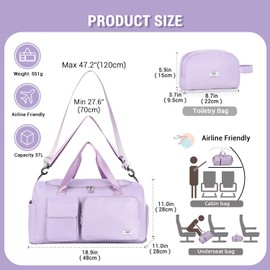 FIORETTO Womens Mens Sports Gym Bag Duffle Bag with Shoes Compartment, Weekend Travel Bag Overnight Bag for Women, Foldable Water Resistant Holdall Hospital Bag for Swimming with Toiletry Bag Purple