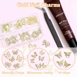 YAEISM 3D Alloy Butterfly Nail Charms 30Pcs Gold Butterflies Shape Nail Art Charms 6 Type Shiny Design Rhinestones with Glue Gel,Tweezer for Nail Art and DIY Crafts Decoration