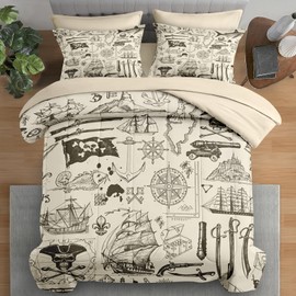 Pamnest Comforter Set Twin Size, Pirate Vintage Skull 5 Pcs Bedding for Kids and Adults, Nautical Sea Retro Bed Sheet Sets with Fitted Sheet Pillowcase & Sham for Bedroom Bed Decor