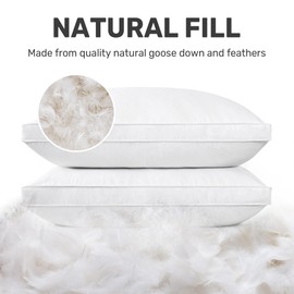 UNIKOME Goose Down Feather Pillows with 100% Cotton Cover, Gusseted Bed Hotel Collection Pillows for Sleeping, Standard Size, Set of 2