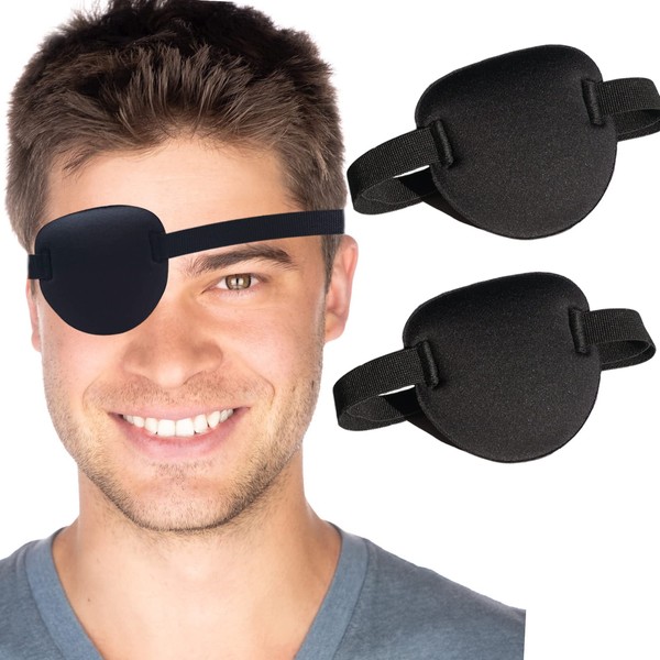 RIKEYO 3D Adjustable Eyepatch for Right or Left Eye, Adults and Kids One Eye Cover for Lazy Eye,Pirate Costume, 2 Pcs (Black)