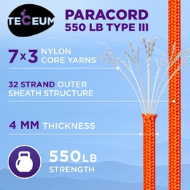 TECEUM Paracord Type III 550 Soffit Orange – 100 ft – 4mm – Tactical Rope MIL-SPEC – Outdoor para Cord –Camping Hiking Fishing Gear and Equipment – EDC Parachute Cord – Strong Survival Rope 345b