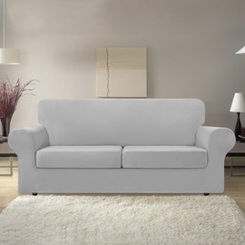 KEKUOU 3 Pieces Stretch Couch Covers for 2 Cushion Couch Sofa pet Friendly， Sofa Covers Washable Soft Elastic Dogs Furniture Protector (Loveseat,Silver)