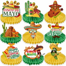 Qpout 9 Pieces Mexican Fiesta Honeycomb Table Centerpiece,Colorful Hanging Paper Fans for Cinco DE Mayo, Taco Bar, Day of The Dead, and Mexican Themed Party Decorations