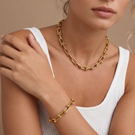 KAGREC 18K Gold-Plated Chunky Paperclip Necklace Bracelet Set for Women – Stainless Steel Cuban Link Chain Jewelry, Waterproof & Tarnish Resistant, Adjustable Statement Fashion Accessories