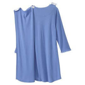 Women’s Open Back Adaptive Henley Nightgown - Long Sleeve Hospital Gown for Seniors with Satin Trim - Blue 2XL