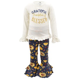 Unique Baby Conjunto de leggings para niñas con volantes de pavo azul, Bienaventurado, 8 Años