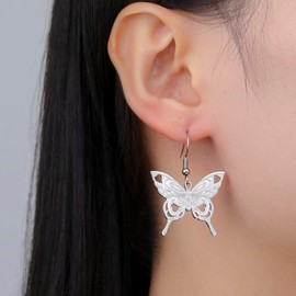 TEAMER Butterfly Dangle Earrings Stainless Steel Engraved Drop Dangle Butterfly Earrings Charm Jewelry For Women (Silver)