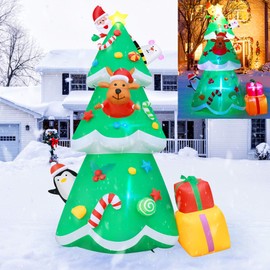 PETUOL Christmas Inflatable Decorations Tree, 8 Foot Blow Up Lighted Xmas Tree Decoration with Santa, Penguin, Snowman, Elk, Polar Bear, Candy and Gift Boxes for Indoor Outdoor Yard